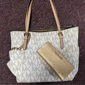 Michael Kors Monogram Cream tote with gold wallet